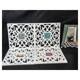 Decorative Set of 4 White Ornate Picture Frames with Art Inserts and Unique Mirror