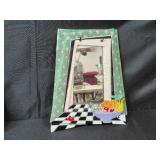 Decorative Set of 4 White Ornate Picture Frames with Art Inserts and Unique Mirror