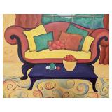 Large Signed Surrealist Artwork of a Vibrant Living Room