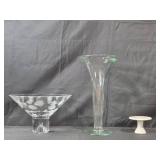 Set of Glass Decorative Bowl, Vase and Display Stand