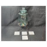 Glass Beverage Dispenser with Stand and Set of 4 Marble Coasters