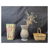 Set of Decorative Vases, Faux Flowers w Plastic Leaves and Wicker Basket