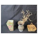 Set of Decorative Vases, Faux Flowers w Plastic Leaves and Wicker Basket