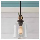 Home Decorators Collection Knollwood 7 in. 1-Light Black Bronze Vintage Brass Accents Industrial Mini Pendant Light for Kitchen Customer Returns See Pictures