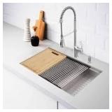 Glacier Bay Zero Radius 33 in. Undermount 50/50 Double Bowl 18 Gauge Stainless Steel Kitchen Sink with Accessories   Customer Returns See Pictures