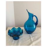 Blue MCM Swung Glass Pitch and Viking Glass Bowl