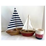 Set of 2 Wooden Sailboat Decor with Nautical Striped Sails & Ceramic Vase