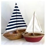 Set of 2 Wooden Sailboat Decor with Nautical Striped Sails & Ceramic Vase