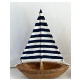 Set of 2 Wooden Sailboat Decor with Nautical Striped Sails & Ceramic Vase