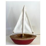 Set of 2 Wooden Sailboat Decor with Nautical Striped Sails & Ceramic Vase