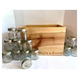 Set of 16 Mason Jar Style Glass Jars with Wooden Olive & Cocoa Box