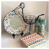 Masquerade Ink Signed Mosaic Plate, Wire Bird Stand, Assorted Straws, and Ice Ball Makers Set