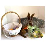 Decorative Easter Collection: Dept 56 Rabbit Sculpture, Silver Platter, and Fitz and Floyd Bunny Plate