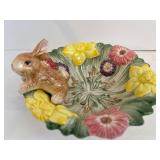 Decorative Easter Collection: Dept 56 Rabbit Sculpture, Silver Platter, and Fitz and Floyd Bunny Plate
