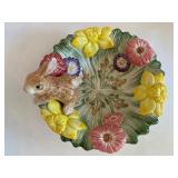 Decorative Easter Collection: Dept 56 Rabbit Sculpture, Silver Platter, and Fitz and Floyd Bunny Plate