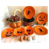 Halloween Pumpkin Ceramic Collection with Plates and Salt Shakers