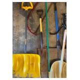 Collection of Lawn and Garden Tools with Large Blue Barrel