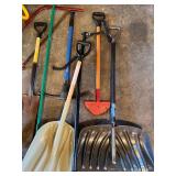 Collection of Lawn and Garden Tools with Large Blue Barrel