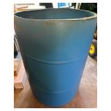 Collection of Lawn and Garden Tools with Large Blue Barrel