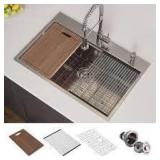 HOROW Drop-in Stainless Steel 33 in. Workstation Ledge Topmount Kitchen Sink 18-Gauge 2-Hole Single Bowl with Integrated Ledge  Customer Returns See Pictures