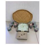 Vintage Home Decor Lot: Woven Trays, Glass Cups, Dior Plate & Coasters