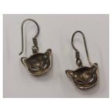 Sterling Silver Cat Face Dangle Earrings