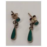 Vintage Sterling Silver Drop Earrings with Green Inlay