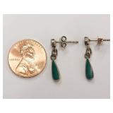 Vintage Sterling Silver Drop Earrings with Green Inlay