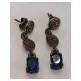Sterling Silver Drop Earrings with Blue Stone