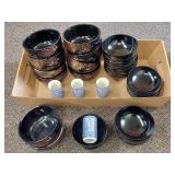 Japanese Lacquer Bowls and Blue Bamboo Cups Set