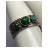 Sterling Silver 925 Vintage Floral Ring Green Stones Adjustable