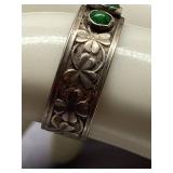 Sterling Silver 925 Vintage Floral Ring Green Stones Adjustable