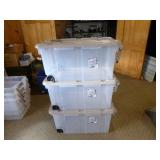 3 Sterlite Stackable Totes with Lids, Handle and on 2 Wheels