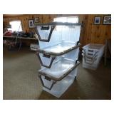 3 Sterlite Stackable Totes with Lids, Handle and on 2 Wheels