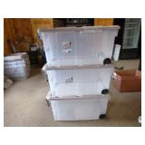 3 Sterlite Stackable Totes with Lids, Handle and on 2 Wheels