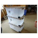3 Sterlite Stackable Totes with Lids, Handle and on 2 Wheels