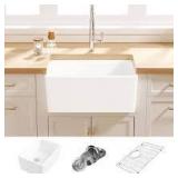 Eridanus Denbigh Crisp White Ceramic 24 in. Single Bowl Farmhouse Apron Kitchen Sink with Bottom Grid and Basket Strainer  Customer Returns See Pictures