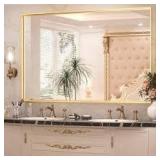 KeonJinn 48 in. W x 30 in. H Rectangular Aluminum Square Corner Framed Wall Mount Bathroom Vanity Mirror in Brushed Brass Customer Returns See Pictures