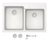 Glacier Bay Stonehaven 33 in. Undermount 50/50 Double Bowl White Ice Granite Composite Kitchen Sink with White Strainer    Customer Returns See Pictures