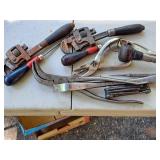Lot of (7) Assorted Hand Tools - Pipe Wrenches, Picks, Pliers, Pry Bar