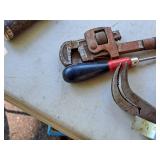 Lot of (7) Assorted Hand Tools - Pipe Wrenches, Picks, Pliers, Pry Bar
