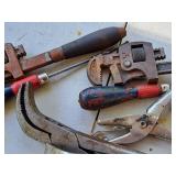 Lot of (7) Assorted Hand Tools - Pipe Wrenches, Picks, Pliers, Pry Bar