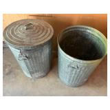 Two Galvanized Metal Trash Cans with Lids
