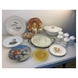 Misc. Vintage Plates, Glass Divided Serving Tray, Canisters