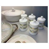 Misc. Vintage Plates, Glass Divided Serving Tray, Canisters