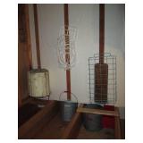 Vintage metal buckets, wire basket,...
