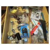 Drawer of assorted hardware, rulers...