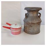 Hard to find half  size Vintage Milk Can and a bonus enamel pot.