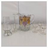 VINTAGE GLASS PITCHER GRAPES AND GOLD ** PLUS 6PC CUT GLASS
