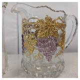 VINTAGE GLASS PITCHER GRAPES AND GOLD ** PLUS 6PC CUT GLASS